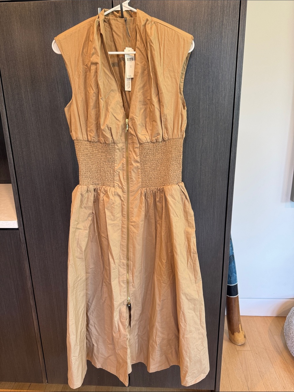 Anthropologie Tan Shirred-Waist Maxi Dress with Zip Front NWT
